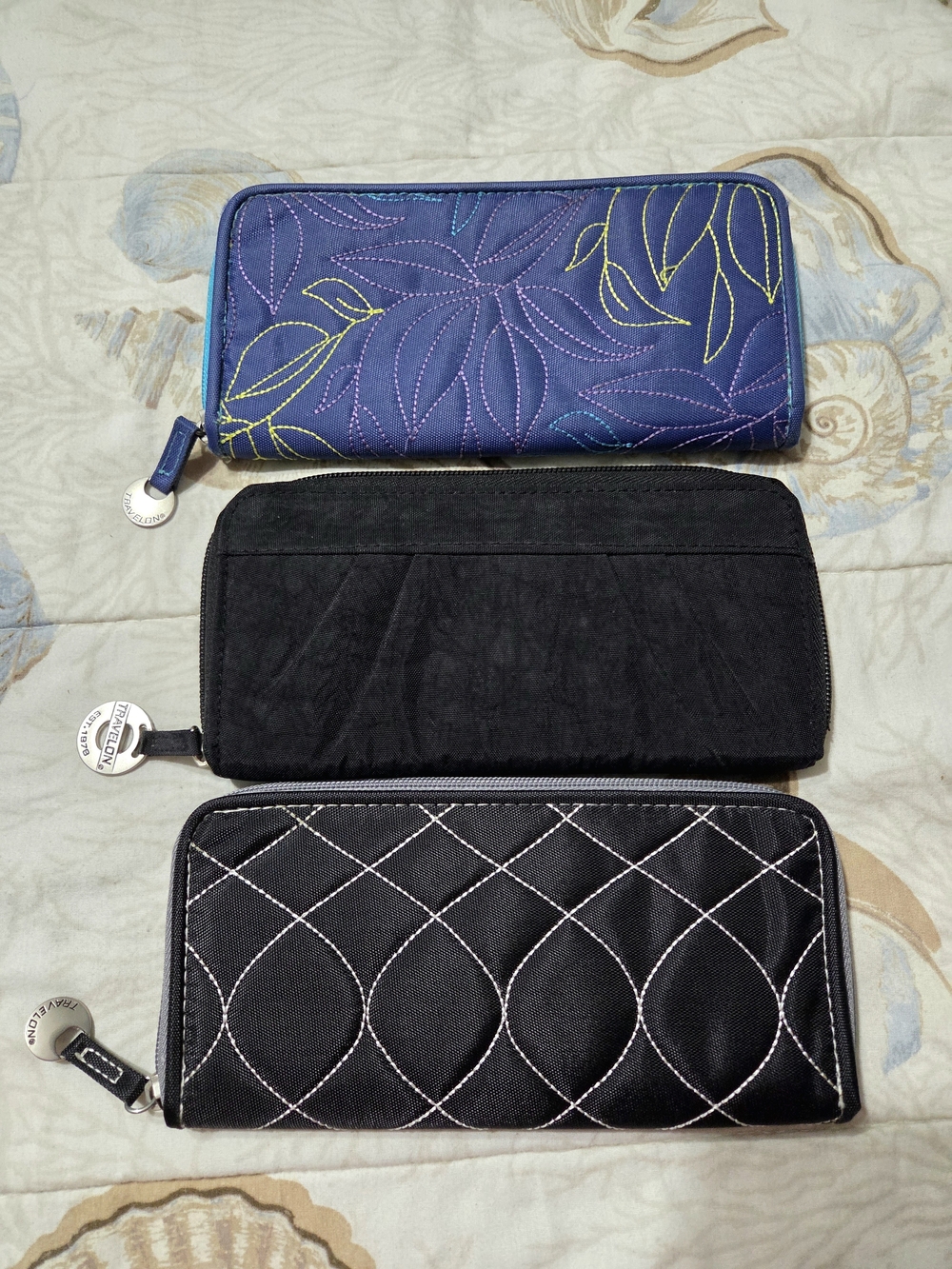 Travelon Quilted Blue Floral and Black Zip Wallet Trio